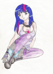 Size: 1280x1790 | Tagged: safe, artist:nightmare-blue, twilight sparkle, human, g4, clothes, female, fishnet stockings, humanized, solo, thigh highs, traditional art, twilight sparkle (alicorn)