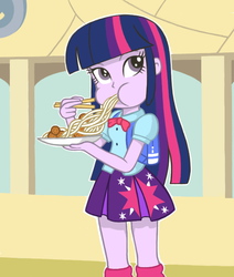 Size: 550x650 | Tagged: safe, artist:a01, twilight sparkle, equestria girls, g4, backpack, blouse, chopsticks, clothes, eating, female, food, long hair, meat, pixiv, skirt, solo, spaghetti, standing