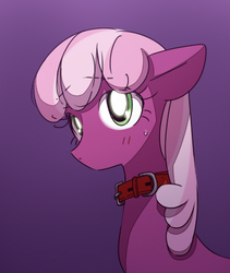 Size: 415x491 | Tagged: dead source, safe, artist:nmnkgskds, cheerilee, earth pony, pony, g4, blushing, collar, female, floppy ears, gradient background, mare, pixiv, solo