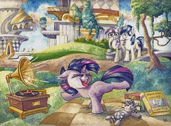Size: 1024x756 | Tagged: safe, artist:the-wizard-of-art, shining armor, smarty pants, twilight sparkle, twilight velvet, pony, unicorn, :<, adorkable, book, canterlot, cute, dancing, do the sparkle, dork, eyes closed, female, filly, filly twilight sparkle, fluffy, frown, laughing, male, mare, music, open mouth, phonograph, picnic, raised hoof, raised leg, record player, shining adorable, smiling, stallion, tongue out, traditional art, twiabetes, velvetbetes, watercolor painting, weapons-grade cute, younger