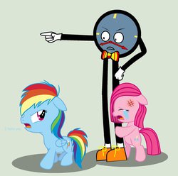 Size: 897x891 | Tagged: safe, artist:ponylover5, pinkie pie, rainbow dash, g4, don't hug me i'm scared, tony the talking clock, younger