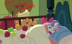Size: 673x412 | Tagged: safe, artist:furseiseki, applejack, sweetie belle, earth pony, pony, unicorn, g4, somepony to watch over me, 2014, apple, bed, blanket, dialogue, female, filly, goofy time, hat, it's time for apples, mare, open mouth, pillow, scared, scene parody, sweetie belle's nightmare, that pony sure does love apples