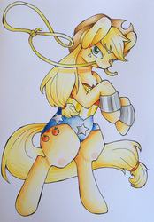 Size: 1280x1837 | Tagged: safe, artist:sk-ree, applejack, g4, cosplay, female, lasso, mouth hold, rearing, solo, traditional art, wonder woman, wonderjack