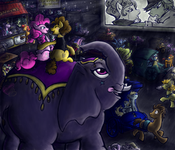 Size: 700x600 | Tagged: safe, artist:trickybandit, big macintosh, cheese sandwich, coco pommel, derpy hooves, dinky hooves, doctor whooves, pinkie pie, time turner, earth pony, elephant, pony, g4, animal, cinema, cute, drive-in theatre, male, movie, riding, ship:cheesepie, shipping, stallion, straight