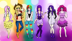 Size: 1182x676 | Tagged: safe, artist:lexy-06, applejack, fluttershy, pinkie pie, rainbow dash, rarity, twilight sparkle, human, g4, belly button, blushing, clothes, corset, dress, hair over one eye, humanized, jeans, line-up, mane six, midriff, rainbow socks, socks, striped socks, thigh highs