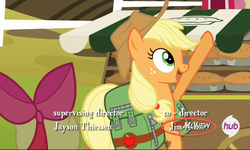 Size: 1199x720 | Tagged: safe, screencap, apple bloom, applejack, derpibooru, g4, my little pony: friendship is magic, somepony to watch over me, all new, exploitable meme, hub logo, jim all new, jim miller, juxtaposition, juxtaposition win, meme, meta