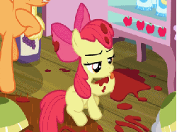 Size: 360x270 | Tagged: safe, edit, edited screencap, screencap, apple bloom, applejack, earth pony, pony, g4, season 4, somepony to watch over me, animated, apple, behaving like a cat, bow, bowl, cute, female, filly, food, gif, grimcute, hoof on chest, horses doing horse things, licking, mare, perfect loop, refrigerator, sitting, solo focus, spaghetti, tongue out, wrong aspect ratio