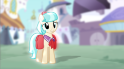 Size: 1920x1080 | Tagged: safe, artist:aelioszero, artist:canon-lb, coco pommel, earth pony, pony, g4, blurry, cocobetes, cute, female, glowing, grin, mare, saddle bag, smiling, solo, squee, vector, wallpaper