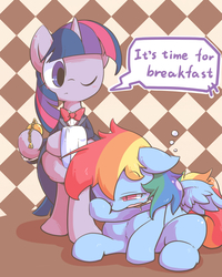 Size: 750x937 | Tagged: safe, artist:nyankamedon, rainbow dash, twilight sparkle, pony, g4, bipedal, bowtie, butler, clothes, pixiv, pocket watch, sleepy, suit, waking up