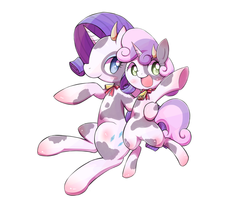Size: 1152x916 | Tagged: safe, artist:raibo, rarity, sweetie belle, cow, g4, bell, bell collar, bow, calf, collar, cow horns, cowbelle, pixiv, raricow, species swap