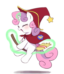 Size: 700x800 | Tagged: safe, artist:30clock, sweetie belle, pony, unicorn, g4, blushing, broom, cape, clothes, cute, diasweetes, eyes closed, female, flying, flying broomstick, hat, levitation, magic, magician, open mouth, simple background, smiling, solo, telekinesis, white background, witch