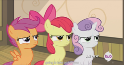 Size: 1919x1017 | Tagged: safe, screencap, apple bloom, scootaloo, sweetie belle, g4, somepony to watch over me, cutie mark crusaders, meme, youtube caption
