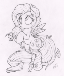 Size: 843x1000 | Tagged: safe, artist:dfectivedvice, fluttershy, pony, g4, belly button, bipedal, clothes, female, food, grayscale, monochrome, sketch, socks, solo, striped socks, tongue out, traditional art