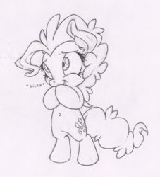 Size: 909x1000 | Tagged: safe, artist:dfectivedvice, pinkie pie, earth pony, pony, g4, belly button, bipedal, female, grayscale, monochrome, sketch, solo, traditional art