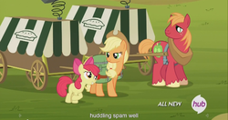 Size: 1440x762 | Tagged: safe, screencap, apple bloom, applejack, big macintosh, earth pony, pony, g4, my little pony: friendship is magic, somepony to watch over me, male, meme, stallion, youtube caption