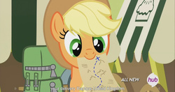 Size: 1440x762 | Tagged: safe, screencap, applejack, g4, somepony to watch over me, female, hub logo, meme, mouth hold, solo, youtube caption