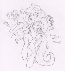 Size: 913x1000 | Tagged: safe, artist:dfectivedvice, trixie, bird, semi-anthro, g4, arm hooves, bouquet, female, fireworks, flower, grayscale, magic, magic trick, monochrome, sketch, solo, traditional art