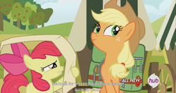 Size: 1440x762 | Tagged: safe, screencap, apple bloom, applejack, g4, somepony to watch over me, meme, youtube caption