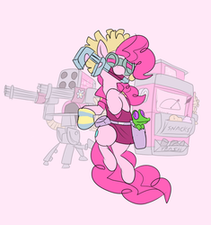 Size: 712x758 | Tagged: safe, artist:metal-kitty, gummy, pinkie pie, pony, g4, bipedal, clothes, crossover, engie pie, engineer, engineer (tf2), female, mouth hold, solo, team fortress 2, video game, weapon, wrench