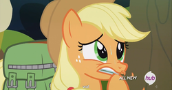 Size: 1439x762 | Tagged: safe, screencap, applejack, g4, somepony to watch over me, all new, female, hub logo, meme, solo, text, wat, youtube caption