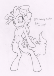Size: 713x1000 | Tagged: safe, artist:dfectivedvice, pinkie pie, earth pony, pony, semi-anthro, g4, arm hooves, belly button, bipedal, female, grayscale, monochrome, sketch, solo, traditional art
