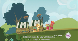 Size: 1440x762 | Tagged: safe, screencap, applejack, big macintosh, earth pony, pony, g4, somepony to watch over me, male, meme, stallion, youtube caption