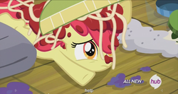 Size: 1439x763 | Tagged: safe, screencap, apple bloom, earth pony, pony, g4, somepony to watch over me, female, hub logo, meme, solo, spaghetti, youtube caption