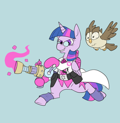 Size: 672x688 | Tagged: safe, artist:metal-kitty, owlowiscious, twilight sparkle, alicorn, bird, owl, pony, g4, bipedal, crossover, duo, duo male and female, female, male, mare, medic, medic (tf2), team fortress 2, twi medic, twilight sparkle (alicorn)