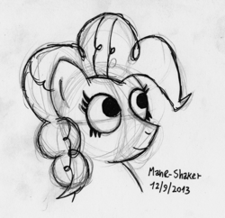 Size: 909x879 | Tagged: safe, artist:mane-shaker, pinkie pie, earth pony, pony, g4, female, monochrome, scrapbook, simple, sketch, solo, traditional art