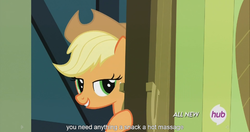 Size: 1440x762 | Tagged: safe, screencap, applejack, g4, somepony to watch over me, all new, door, female, hub logo, meme, solo, text, youtube caption
