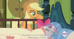 Size: 1440x762 | Tagged: safe, screencap, applejack, sweetie belle, g4, my little pony: friendship is magic, somepony to watch over me, hub logo, meme, youtube caption