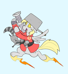 Size: 618x676 | Tagged: safe, artist:metal-kitty, derpy hooves, pegasus, pony, raccoon, g4, crossover, derpy soldier, female, lieutenant bites, mare, rocket jump, soldier, soldier (tf2), solo, team fortress 2