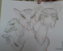 Size: 955x767 | Tagged: safe, artist:mojo1985, chimera sisters, chimera, g4, somepony to watch over me, gun, knife, multiple heads, photo, three heads, traditional art