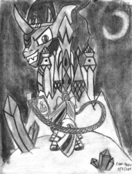 Size: 780x1024 | Tagged: safe, artist:mane-shaker, king sombra, twilight sparkle, pony, unicorn, g4, castlevania, crossover, evil smile, game, holy water, monochrome, traditional art