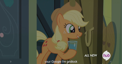Size: 1441x762 | Tagged: safe, screencap, applejack, g4, somepony to watch over me, all new, female, google, hub logo, meme, solo, text, youtube caption