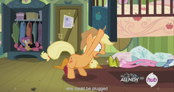 Size: 1440x762 | Tagged: safe, screencap, applejack, scootaloo, smarty pants, g4, somepony to watch over me, hub logo, meme, under the bed, youtube caption