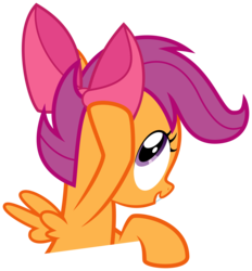 Size: 6000x6465 | Tagged: safe, artist:byteslice, scootaloo, pegasus, pony, g4, somepony to watch over me, absurd resolution, apple bloom's bow, bow, cute, cutealoo, female, filly, foal, gritted teeth, hair bow, looking up, raised hoof, simple background, smiling, solo, spread wings, teeth, transparent background, vector, wings