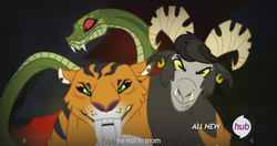 Size: 1440x762 | Tagged: safe, screencap, chimera sisters, chimera, g4, somepony to watch over me, hub logo, meme, multiple heads, three heads, youtube caption