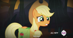 Size: 1438x762 | Tagged: safe, screencap, applejack, g4, somepony to watch over me, female, hub logo, meme, solo, youtube caption