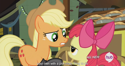 Size: 1439x762 | Tagged: safe, screencap, apple bloom, applejack, g4, somepony to watch over me, hub logo, meme, youtube caption