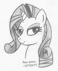 Size: 809x988 | Tagged: safe, artist:mane-shaker, rarity, pony, unicorn, g4, female, looking at you, monochrome, pencil drawing, solo, traditional art