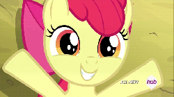 Size: 700x394 | Tagged: safe, screencap, apple bloom, g4, somepony to watch over me, adorabloom, animated, cute, eye shimmer, eyes, female, grin, hub logo, hug request, looking at you, on back, smiling, solo, squee, weapons-grade cute