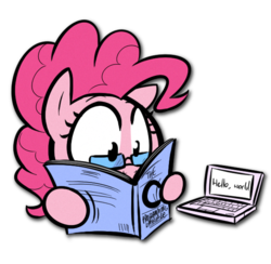 Size: 590x576 | Tagged: safe, artist:shoutingisfun, artist:venezolanbrony, color edit, edit, pinkie pie, earth pony, pony, g4, book, c (language), colored, computer, female, glasses, hello world, hoof hold, k&r, laptop computer, mare, programming, reading, simple background, solo, transparent background