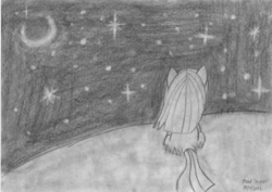 Size: 1024x723 | Tagged: safe, artist:mane-shaker, pinkie pie, earth pony, pony, g4, female, monochrome, night, pencil drawing, pinkamena diane pie, solo, starry night, traditional art