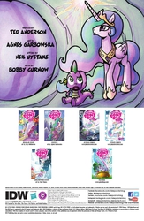 Size: 662x1018 | Tagged: safe, idw, official comic, princess celestia, spike, alicorn, dragon, pony, friends forever #3, g4, my little pony: friends forever, duo, ethereal mane, female, idw advertisement, male, mare, preview