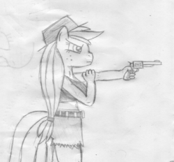 Size: 811x754 | Tagged: safe, artist:mane-shaker, applejack, earth pony, anthro, g4, female, gun, hat, monochrome, pencil drawing, revolver, solo, traditional art, weapon