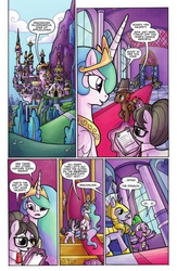Size: 662x1018 | Tagged: safe, idw, official comic, princess celestia, raven, silversaddle, spike, alicorn, dragon, earth pony, pony, unicorn, friends forever #3, g4, my little pony: friends forever, spoiler:comic, armor, canterlot, canterlot castle, canterlot throne room, comic, cowboy hat, ethereal mane, female, hat, helmet, idw advertisement, magic, magic aura, male, mare, preview, prince silversaddle, royal guard, spear, speech bubble, stallion, telekinesis, weapon