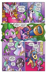 Size: 662x1018 | Tagged: safe, idw, official comic, princess celestia, raven, spike, starry eyed, twilight sparkle, alicorn, dragon, pony, unicorn, friends forever #3, g4, my little pony: friends forever, spoiler:comic, clothes, comic, ethereal mane, female, hat, horn, idw advertisement, male, mare, preview, speech bubble, telescope, twilight sparkle (alicorn)