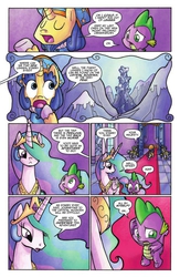 Size: 662x1018 | Tagged: safe, idw, official comic, princess celestia, spike, starry eyed, alicorn, dragon, pony, unicorn, friends forever #3, g4, my little pony: friends forever, spoiler:comic, beard, comic, crystal mountain, ethereal mane, facial hair, female, hat, idw advertisement, male, mare, mountain, preview, speech bubble, stallion