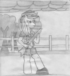 Size: 861x927 | Tagged: safe, artist:mane-shaker, applejack, earth pony, anthro, unguligrade anthro, g4, female, gun, monochrome, rifle, solo, traditional art, weapon